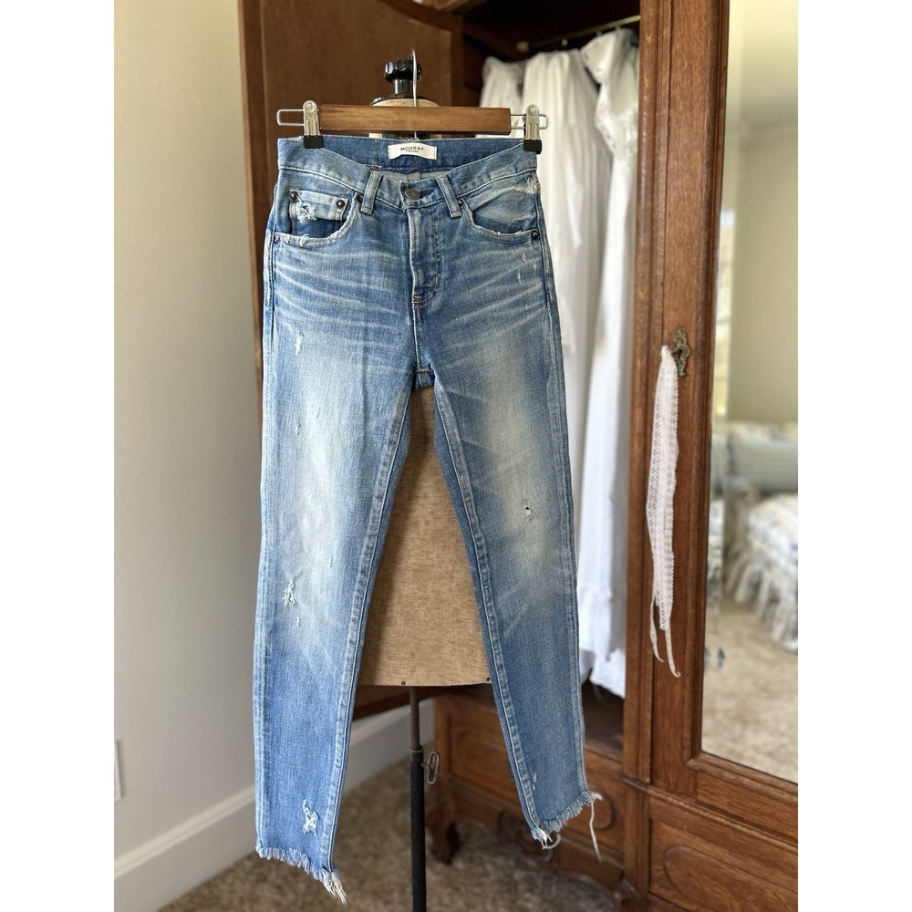 Moussy Jeans Distressed Frayed‎ Hem Button Fly Denim Blue Wash Size 23